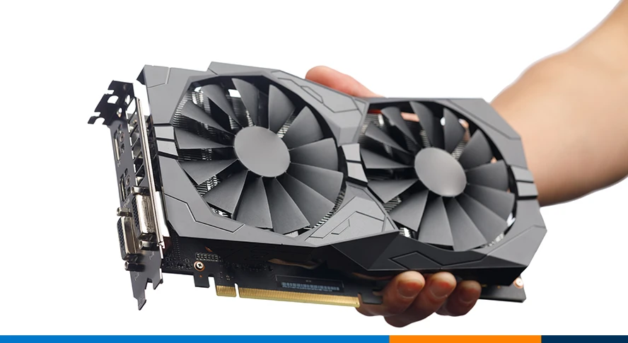 Image of a hand holding a GPU showing PCIe connection and 2 integrated fans