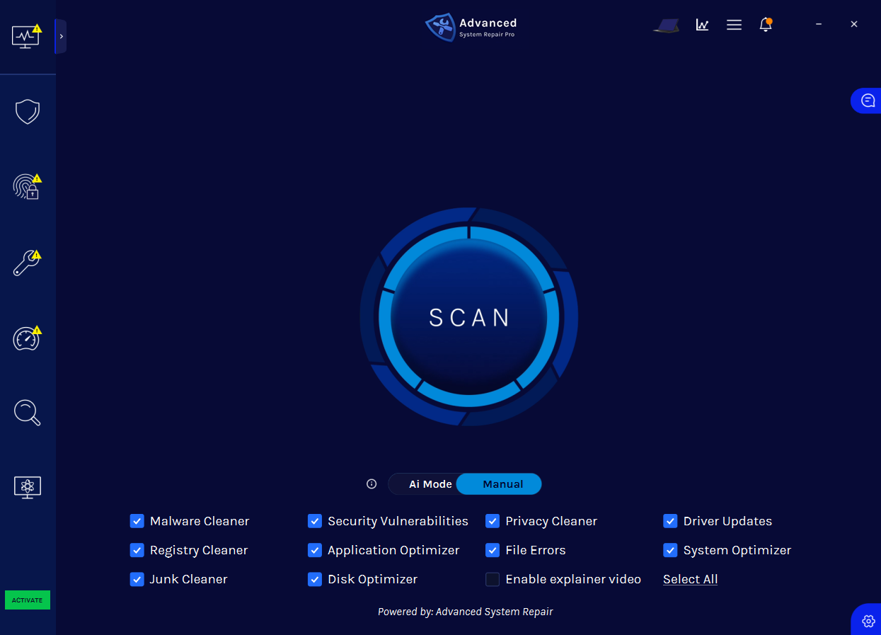Advanced System Repair scan screen