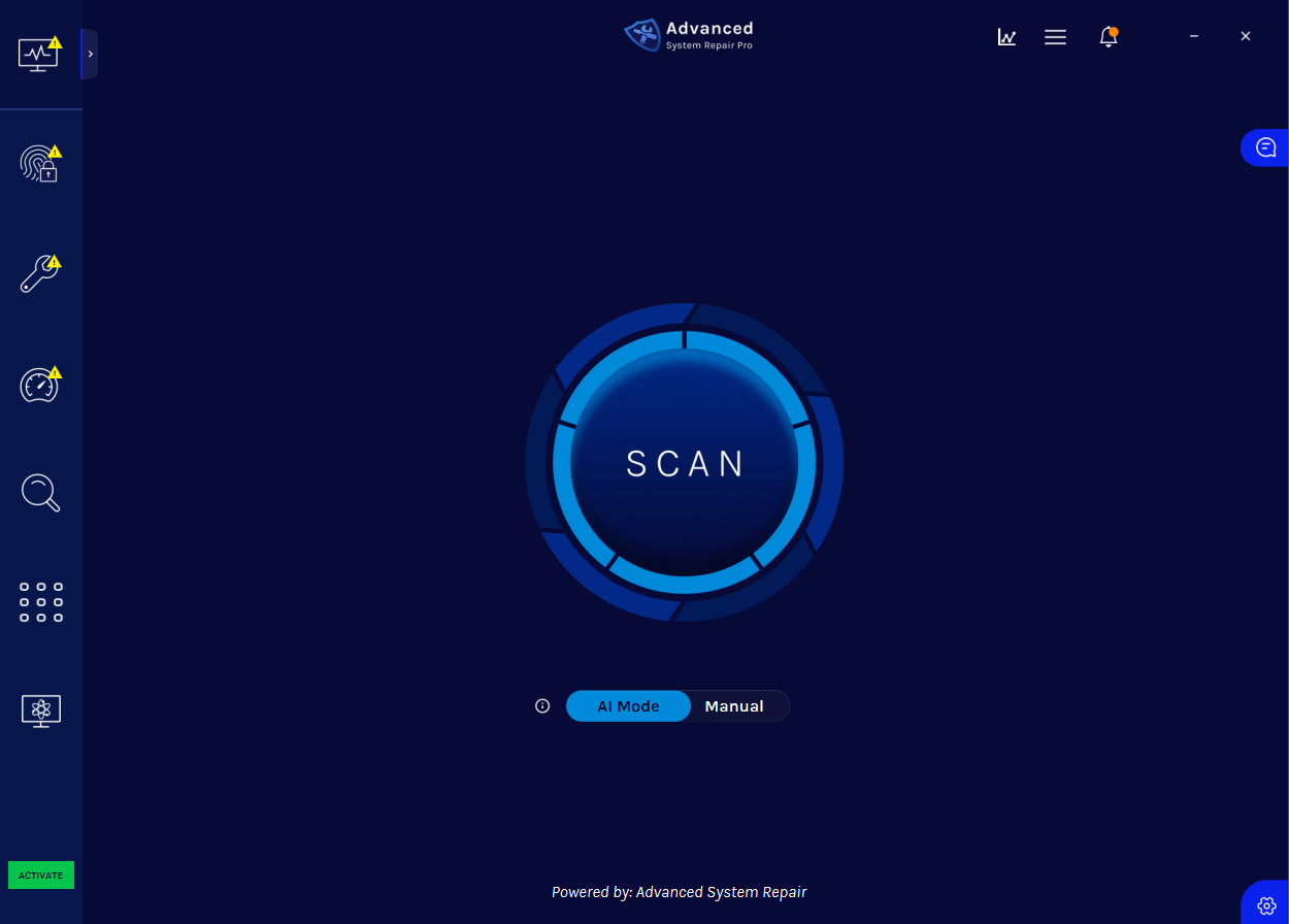 ASR main app screen with the blue Scan control and AI Mode and Manual options